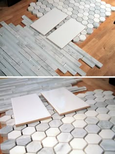 two pictures of white tiles on the floor and one is being made from wood planks