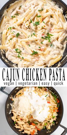 two pictures of chicken pasta in a skillet with the words cajun chicken pasta