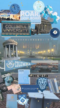 collage of various images with the words columbia university surrounded by blue and white objects