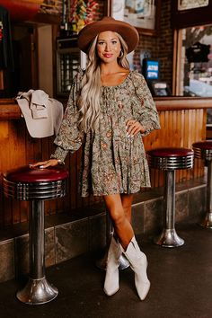 Butterfly Feels Dress Plus Size Dress With Cowboy Boots, Long Sleeve Dress With Cowgirl Boots, Sundresses And Cowboy Boots, Bohemian Ruffle Mini Dress For Fall, Dresses And Cowboy Boots, Summer Outfits With Boots, Fall Boho Print Long Sleeve Mini Dress, Casual Dress Attire, Booties Outfit Fall