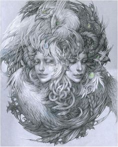 a drawing of two women with feathers on their head and one woman's face