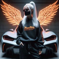 a woman with white hair wearing a black face mask and standing in front of a sports car