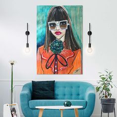 a living room scene with focus on the couch and painting hanging above it's head