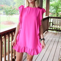 This Hot Pink Studded Ruffle Dress Is Giving Us Serious Party Vibes. Dress Features A High Neckline, Ruffle Trim With Gunmetal Embellishment, And A Back Buttoned Keyhole. Color: Hot Pink Fabric: 100% Polyester Party Mini Dress With Ruffles And Flutter Sleeves, Flutter Sleeve Mini Dress With Ruffles For Party, Feminine Party Mini Dress With Flutter Sleeve, Feminine Mini Dress With Flutter Sleeves For Parties, Feminine Flutter Sleeve Mini Dress For Party, Flutter Sleeve Mini Dress For Party, Flirty Flutter Sleeve Mini Dress For Party, Summer Party Mini Dress With Flutter Sleeves, Summer Party Dress With Flutter Sleeves