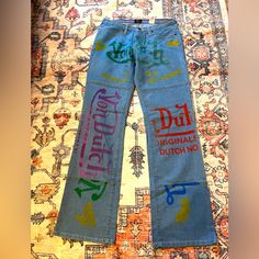 Vintage Y2k Von Dutch All Over Logo Print Jeans. Low Rise Fit. Fits 28 Waist Best. 100% Cotton. Iconic Piece. Never Worn. Blue Graphic Print Y2k Bottoms, Y2k Blue Graphic Print Bottoms, Y2k Blue Bottoms With Graphic Print, Blue Y2k Graphic Print Bottoms, Von Dutch Outfit, Dutch Outfit, Von Dutch Jeans, Y2k Von Dutch, Graphic Jeans