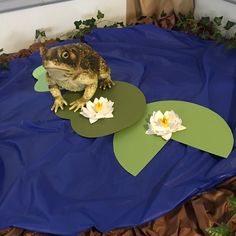 a frog sitting on top of a piece of paper next to water lilies and leaves