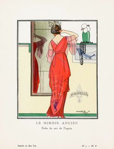 an illustration of a woman in a red dress looking out the window at her reflection