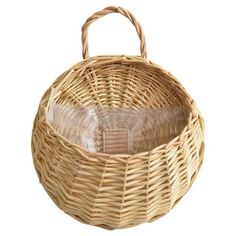 a wicker basket is shown on a white background