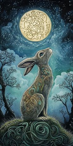 a painting of a rabbit sitting on top of a hill with the moon in the background