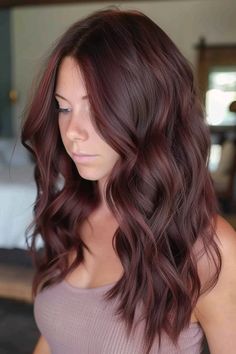 Red Violet Lowlights In Brown Hair, Dark Cherry Hair Balayage, Chocolate Hair Red Highlights, Chocolate Burgandy Hair, Dark Cherry Highlights On Brown Hair, Cherry Balayage Brunettes, Brown Hair With Deep Red Highlights, Red Crimson Hair, Merlot Balayage Hair