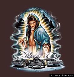 an image of the virgin mary in blue and white with words above it that says,