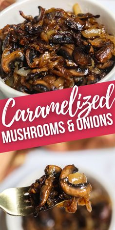 this is an image of caramelized mushrooms and onions in a bowl with a fork