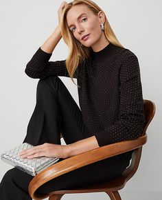 Our essential mock neck sweater is one you'll want in every color and pattern. Mock neck. Long sleeves. Drop saddle shoulders. Ribbed neckline, cuffs and hem.,Imported:Imported,Fit:Softly fitted,Length:22" long,Fabrication:54% Acrylic, 30% Polyester, 16% Nylon,Garment Care:Machine Washable Petite Essential Embellished Mock Neck Sweater by Ann Taylor Size petite - XL Black Women's Mock, Neck, Long, Sleeve, Pullover, Sweaters, 54%, Acrylic, 30%, Polyester, 16%, Nylon, Machine, Washable Best Fall Sweaters Petite Sweaters, Mock Neck Long Sleeve, Ribbed Neckline, Mock Neck Sweater, Fall Sweaters, Long Sleeve Pullover, Effortless Style, Neck Sweater, Mock Neck