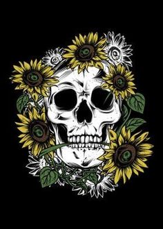 a skull surrounded by sunflowers on a black background