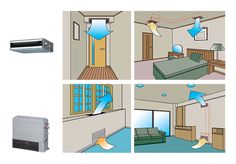 four different views of a bedroom with an air conditioner