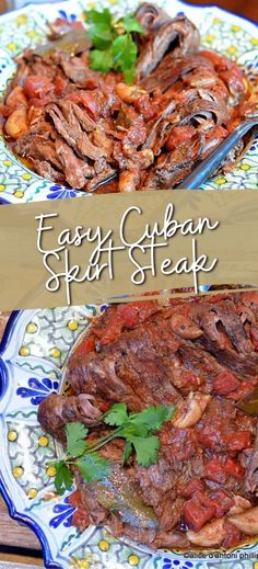 Collage of plateful of slow cooker Cuban skirt steak at top and bottom. Turkey Dishes, Skirt Steak, Fun Dinners, Weeknight Dinner, Easy Dinner, Slow Cooker, Steak