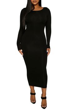 A deeply scooped back beautifully shows off some skin, while the crepe knit hugs your curves in this long-sleeve midi dress in a body-con silhouette. Ballet neck Long sleeves 95% viscose, 5% spandex Hand wash, line dry Imported Chic Fitted Longline Bodycon Dress, Winter Midi Long Sleeve Dress For Night Out, Winter Long Sleeve Midi Dress For Night Out, Fitted Longline Midi Dress For Date Night, Elegant Fitted Long Sleeve Dress For Club, Sleek Solid Color Midi Dress For Night Out, Bodycon Long Sleeve Dress With Thumbholes, Long Sleeve Bodycon Dress With Thumbholes, Fitted Longline Midi Dress For Night Out