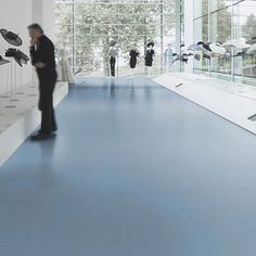 a man standing in front of a blue floor next to glass walls with birds on it