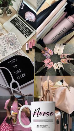 a collage of photos with various items including a coffee mug, purse and laptop