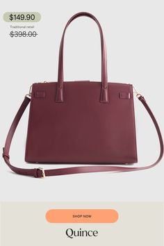 Keys, phone, wallet— this elegant triple compartment satchel is an organizer's dream bag. Made of premium pebbled Italian leather, this bag features a center zip compartment, and a detachable crossbody strap. Trust us when we say this will be your new favorite bag.  | Quince | Women's Italian Leather Large Triple Compartment Satchel in Merlot Elegant Satchel With Zipper Closure For Work, Business Burgundy Satchel With Detachable Strap, Burgundy Business Satchel With Detachable Strap, Burgundy Crossbody Satchel For Business, Burgundy Business Crossbody Satchel, Burgundy Business Satchel Crossbody, Burgundy Top Handle Satchel For Office, Elegant Burgundy Bag With Zipper Closure, Burgundy Satchel With Gold-tone Hardware