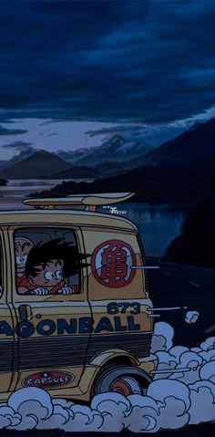 an animated van driving down the road with clouds around it and mountains in the background