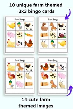 four different farm animals are shown in this printable card game for children to play with