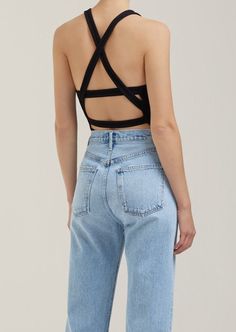 Nova Banded Back Bodysuit - Black - house of lolo Out Back, Black Rib, Black Bodysuit, Knit Tanks, High Neckline, Levi Jeans, Mom Jeans, Night Out, Cut Out