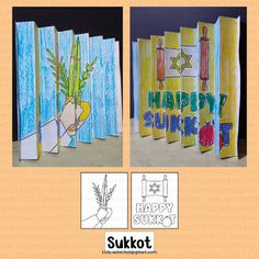 an image of some art work made out of paper and colored pencils with the words happy sukkat written on it