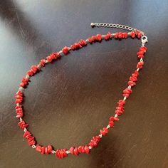 Natural Red Coral Chips -Beaded and Linked Handmade Necklace, 20-23 inches, Silver tone Chip Necklace, Golden Co, Chip Beads, Beaded Necklaces, Handmade Necklace, Red Coral, Natural Red, Handmade Necklaces, Silver Tone