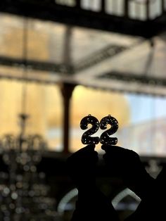 a person holding up the number twenty two in front of a chandelier