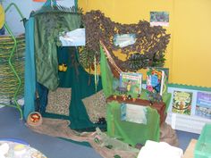 the room is decorated in green and yellow with lots of books on display behind it