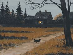 a painting of a dog running down a path in front of a house with trees