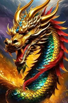 a golden dragon with red and blue wings