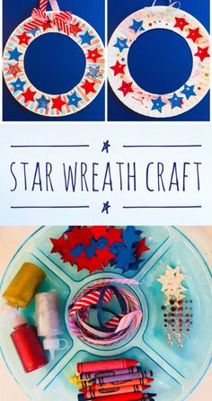 the star wreath craft is made with paper plates and crayons, scissors, thread,