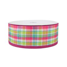 a roll of pink and green plaid ribbon on a white background with a red edge