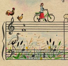 a stamp with an image of a woman riding a bike and chickens on the music note