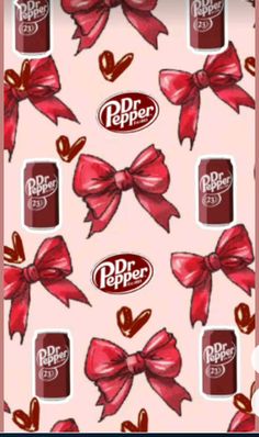 a pink background with red bows and chocolates on it's side, as well as the words dr pepper