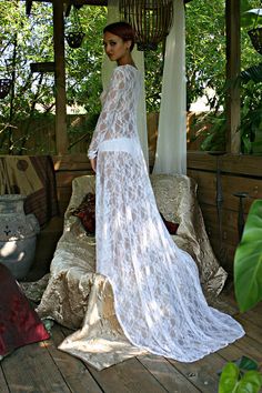 White Lace Bridal Nightgown With Train Wedding by SarafinaDreams Long Silk Nightgown, Ladies Sleepwear, Lingerie For Bride, Bridal Sleepwear, Beach Wedding White, Bridal Honeymoon, Lingerie Nightgown, Bridal Nightgown, Bride Ideas