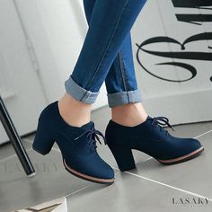 Lasaky - Womens Suede Low-heel Pumps with Straps, Chunky Heel, Round Toe, and Ankle Boots High Heels Classy, Casual Pumps, Heels Classy, Oxford Heels, Suede Leather Boots, Chunky High Heels, Suede Block Heels, High Heel Boots Ankle, Leather Boots Women