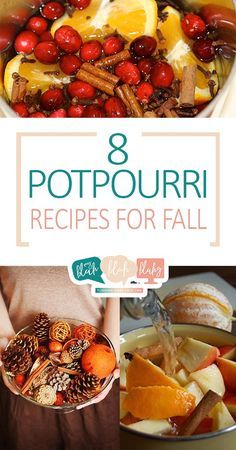 the collage shows different types of food in pots and pans with text overlay that reads 8 potpouri recipes for fall