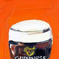 a painting of a guinness glass with the word guinness written on it and an orange background