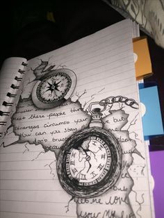 an open notebook with a drawing of a pocket watch