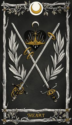 two swords and hearts with the moon in the sky above them on a black background