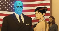 an animated image of two people standing in front of the american flag, one wearing a blue man's head