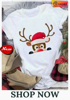 Christmas Loose Crew Neck Cotton Blends Short Sleeve T-shirt Animal Fashion, Summer Colors, Shirt Top, New Shop, Ladies Tops Fashion, Top Shirt, Shirts Tops, Tee Shirts, Cotton Blend