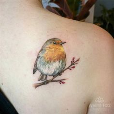 a small bird on the back of a woman's upper arm and shoulder tattoo