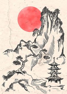 an ink drawing of mountains and trees with a red sun in the background