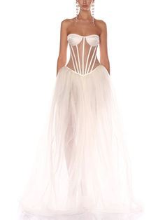 This white corset gown features a sheer tulle skirt and structured bodice for a modern take on bridal style. Corset Gown, Boned Bodice, Concept Clothing, White Corset, Mesh Maxi Dress, Strapless Corset, Strapless Gown, Product Images, Design Color