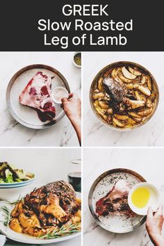 four different pictures showing how to make greek slow roasted leg of lamb