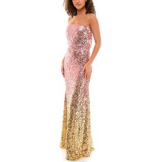 Strapless Open Cowl Back Ombre Sequin GownContent: 100% Polyester Style: 65740J Sequined Gown, Gold Gradient, Jumpsuit Jacket, Sequin Gown, Maxi Dresses Casual, Ball Dresses, Pink Gold, Cocktail Party, Pink And Gold